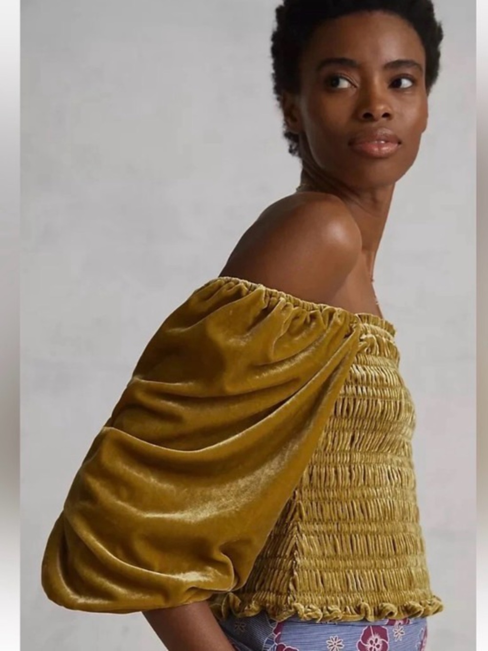 Anthropologie Gold Smocked Body Square Neck Puff Sleeved Velvet Blouse XS - Picture 5 of 11